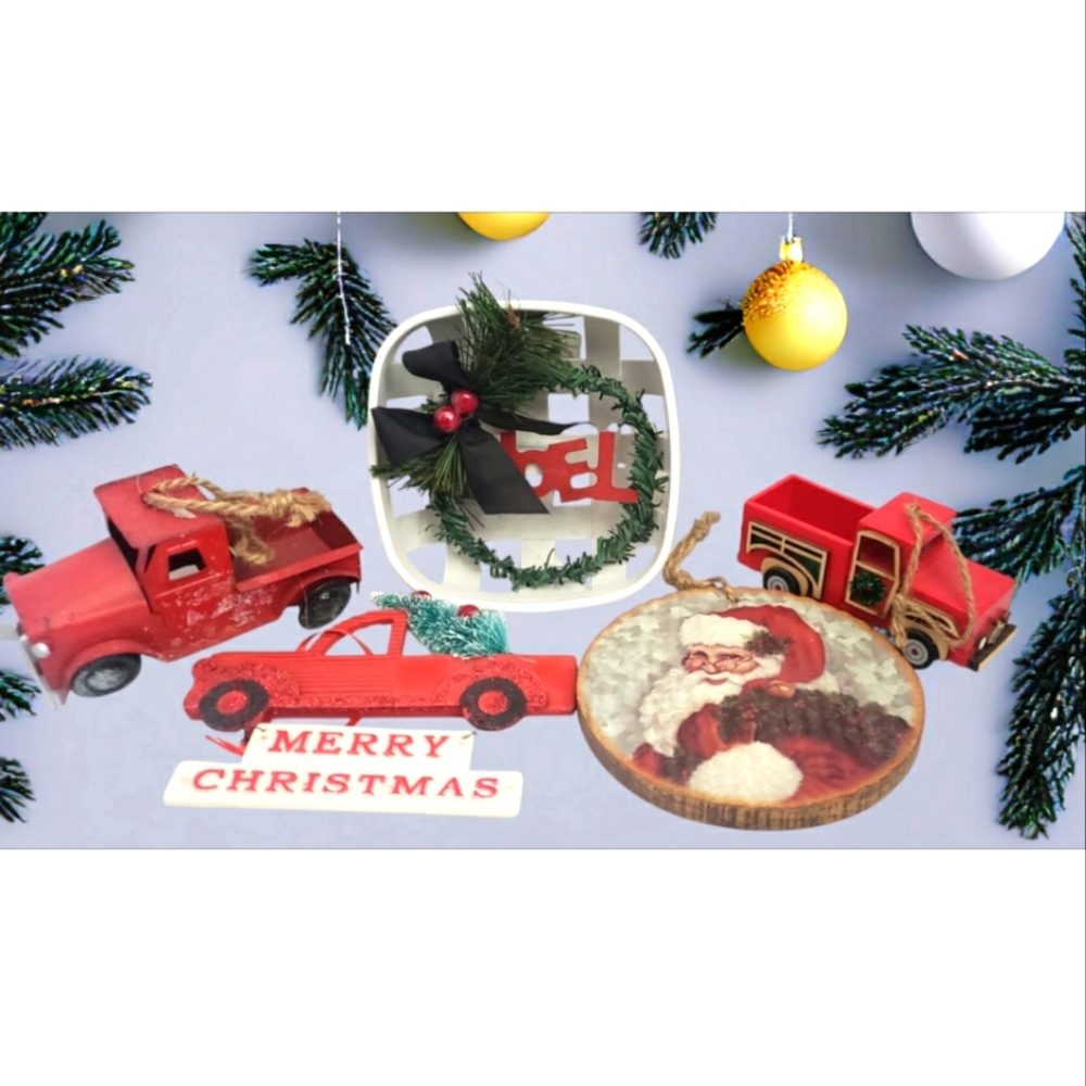 Christmas Decor Set with Red Trucks and Santa Ornament